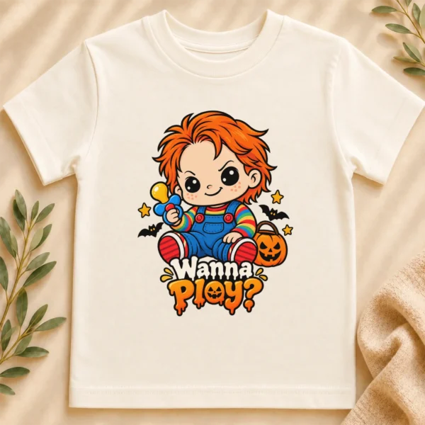 Creepy Doll Baby Bodysuit or Toddler Shirt, Halloween Wanna Play? — toddler shirt mockup creepy doll baby bodysuit close-up detail