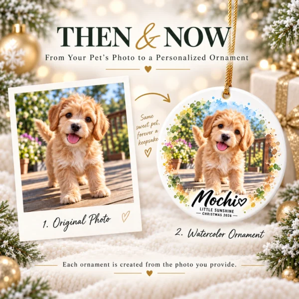 Custom Dog Cat Ornament, Personalized Pet Photo Christmas 2026 Gift — product mockup custom dog cat ornament product image front view
