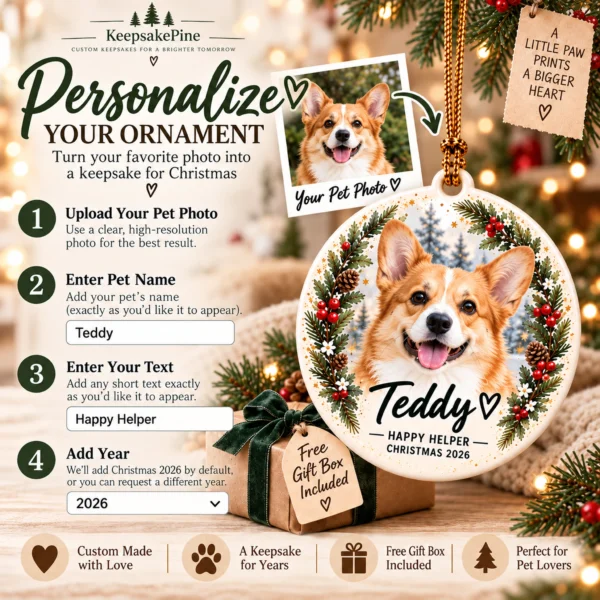Custom Dog Cat Ornament, Personalized Pet Photo Christmas 2026 Gift — alternate product mockup custom dog cat ornament product image styled product photo