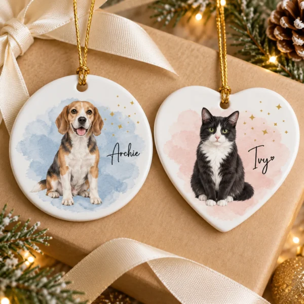Custom Pet Photo Ornament with Pet Name & Watercolor Background — alternate product mockup custom pet photo ornament with pet name & watercolor background product image back view