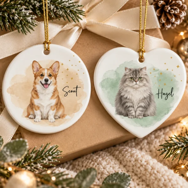 Custom Pet Photo Ornament with Pet Name & Watercolor Background — alternate product mockup custom pet photo ornament with pet name & watercolor background product image back view