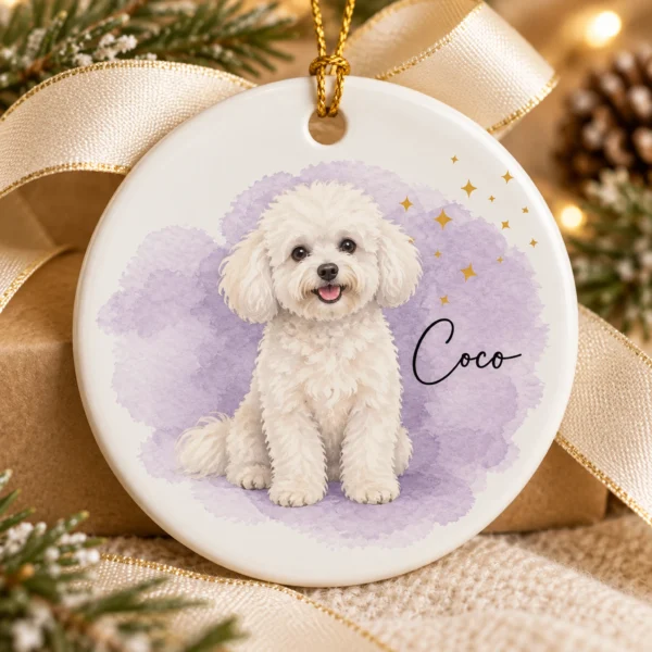 Custom Pet Photo Ornament with Pet Name & Watercolor Background — alternate product mockup custom pet photo ornament with pet name & watercolor background product image back view