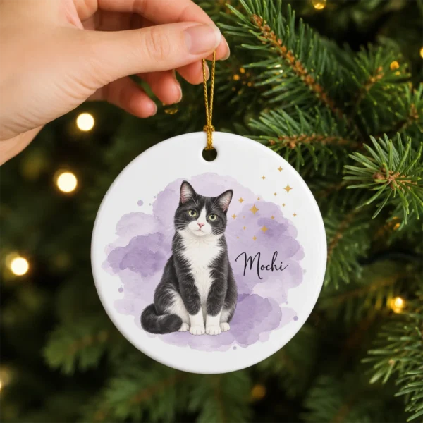 Custom Pet Photo Ornament with Pet Name & Watercolor Background — alternate product mockup custom pet photo ornament with pet name & watercolor background product image back view