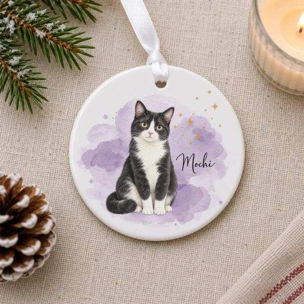 Custom Pet Photo Ornament with Pet Name & Watercolor Background — alternate product mockup custom pet photo ornament with pet name & watercolor background product image back view