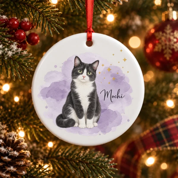 Custom Pet Photo Ornament with Pet Name & Watercolor Background — alternate product mockup custom pet photo ornament with pet name & watercolor background product image back view