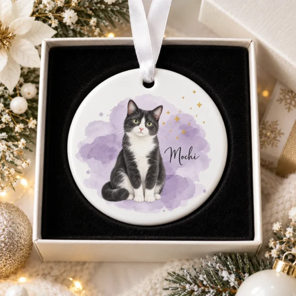 Custom Pet Photo Ornament with Pet Name & Watercolor Background — alternate product mockup custom pet photo ornament with pet name & watercolor background product image back view
