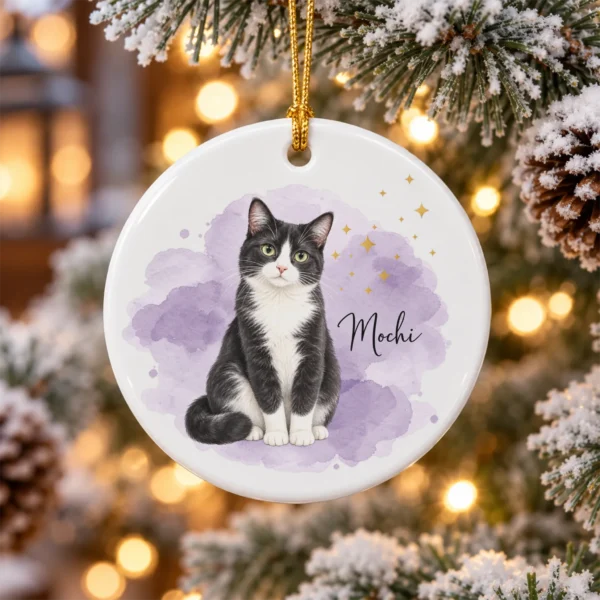 Custom Pet Photo Ornament with Pet Name & Watercolor Background — alternate product mockup custom pet photo ornament with pet name & watercolor background product image back view