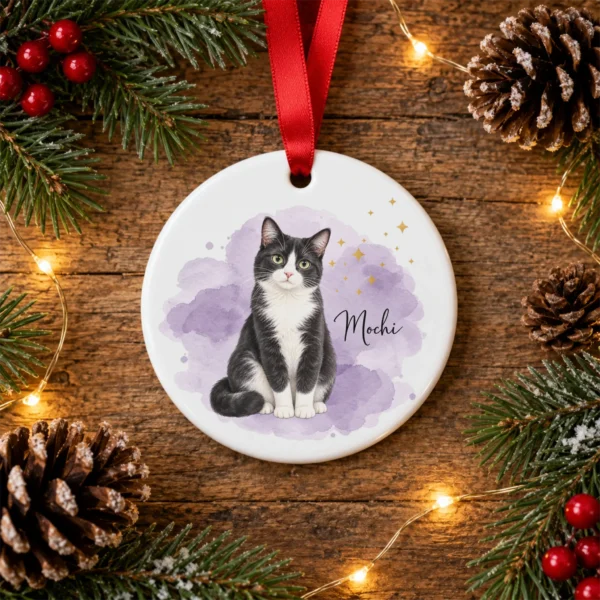 Custom Pet Photo Ornament with Pet Name & Watercolor Background — alternate product mockup custom pet photo ornament with pet name & watercolor background product image back view