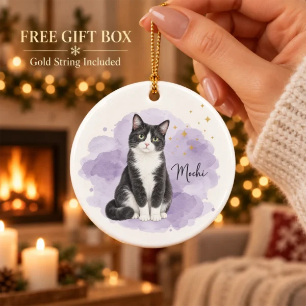 Custom Pet Photo Ornament with Pet Name & Watercolor Background — alternate product mockup custom pet photo ornament with pet name & watercolor background product image back view