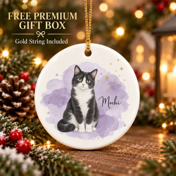 Custom Pet Photo Ornament with Pet Name & Watercolor Background — alternate product mockup custom pet photo ornament with pet name & watercolor background product image back view