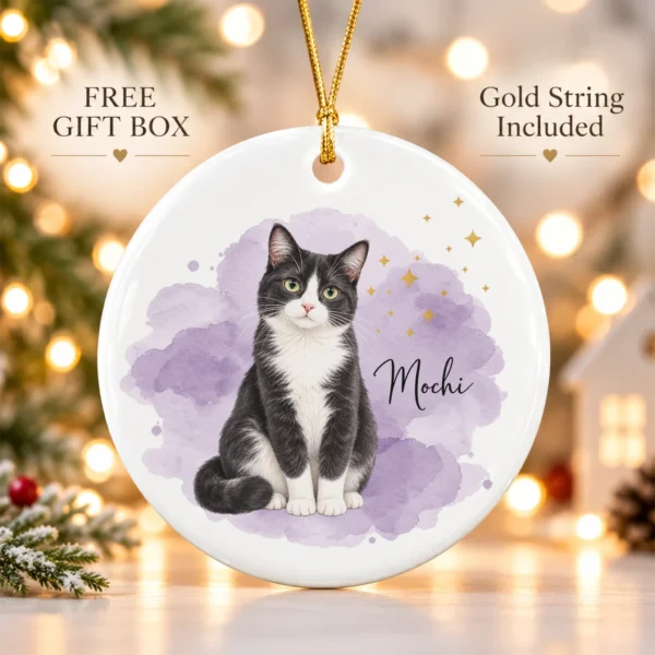 Custom Pet Photo Ornament with Pet Name & Watercolor Background — alternate product mockup custom pet photo ornament with pet name & watercolor background product image back view