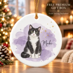 custom pet photo ornament with pet name & watercolor background product image back view