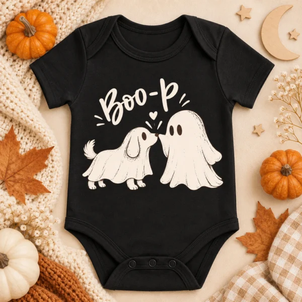 Cute Ghost Dog Halloween Baby Bodysuit & Toddler Shirt — alternate product mockup cute ghost dog halloween baby bodysuit & toddler shirt lifestyle scene