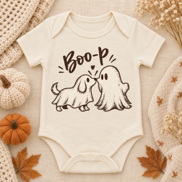 Cute Ghost Dog Halloween Baby Bodysuit & Toddler Shirt — alternate product mockup cute ghost dog halloween baby bodysuit & toddler shirt close-up detail