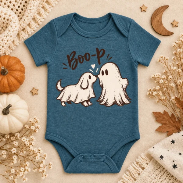 Cute Ghost Dog Halloween Baby Bodysuit & Toddler Shirt — alternate product mockup cute ghost dog halloween baby bodysuit & toddler shirt product photo