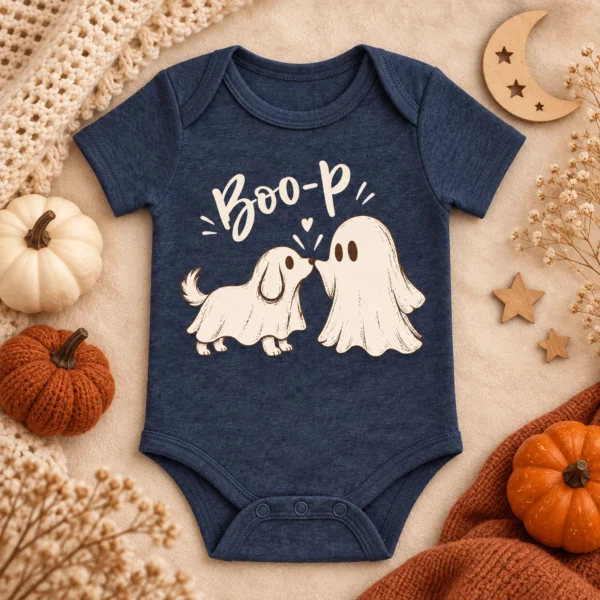 Cute Ghost Dog Halloween Baby Bodysuit & Toddler Shirt — alternate product mockup cute ghost dog halloween baby bodysuit & toddler shirt product photo