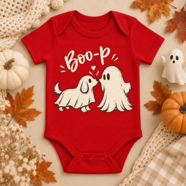 Cute Ghost Dog Halloween Baby Bodysuit & Toddler Shirt — alternate product mockup cute ghost dog halloween baby bodysuit & toddler shirt product photo