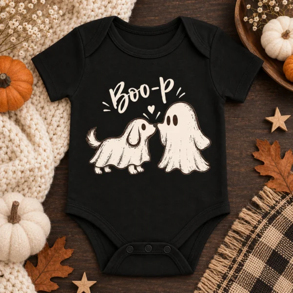 Cute Ghost Dog Halloween Baby Bodysuit & Toddler Shirt — alternate product mockup cute ghost dog halloween baby bodysuit & toddler shirt product photo