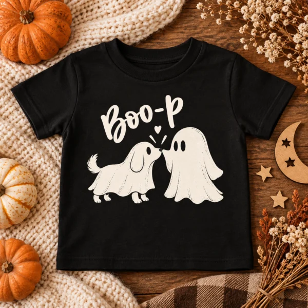 Cute Ghost Dog Halloween Baby Bodysuit & Toddler Shirt — alternate product mockup cute ghost dog halloween baby bodysuit & toddler shirt product photo