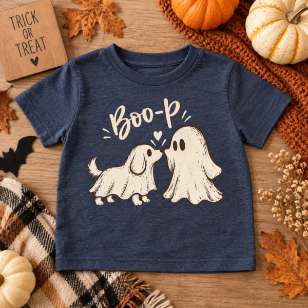 Cute Ghost Dog Halloween Baby Bodysuit & Toddler Shirt — alternate product mockup cute ghost dog halloween baby bodysuit & toddler shirt front view