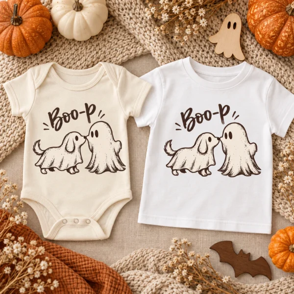 Cute Ghost Dog Halloween Baby Bodysuit & Toddler Shirt — alternate product mockup cute ghost dog halloween baby bodysuit & toddler shirt product photo