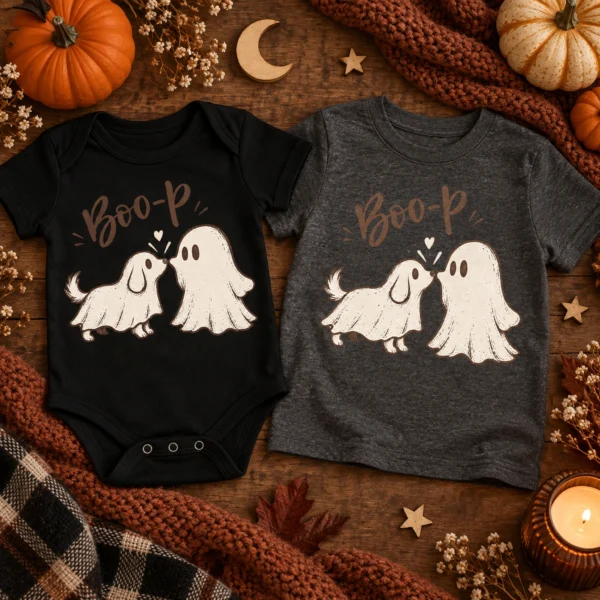Cute Ghost Dog Halloween Baby Bodysuit & Toddler Shirt — alternate product mockup cute ghost dog halloween baby bodysuit & toddler shirt product photo