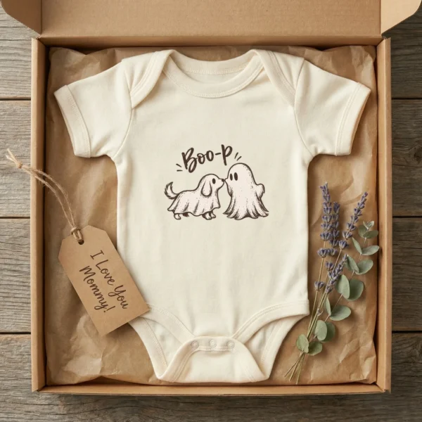 Cute Ghost Dog Halloween Baby Bodysuit & Toddler Shirt — baby bodysuit mockup cute ghost dog halloween baby bodysuit & toddler shirt product photo