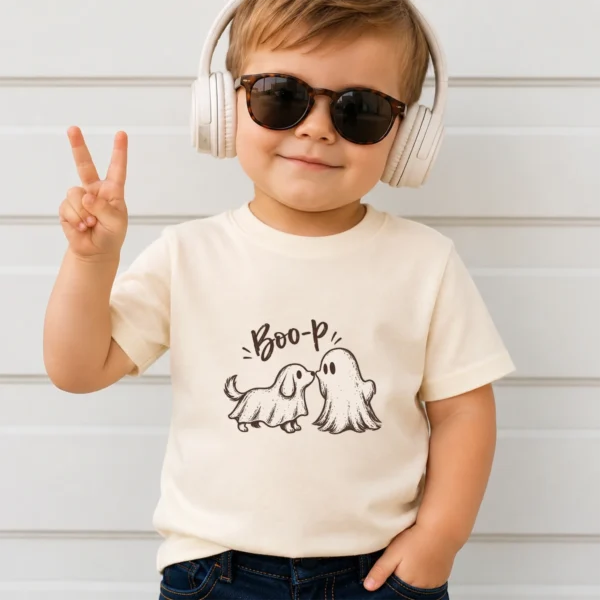 Cute Ghost Dog Halloween Baby Bodysuit & Toddler Shirt — toddler shirt mockup cute ghost dog halloween baby bodysuit & toddler shirt product photo