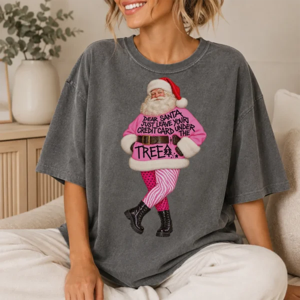 New Year's Dear Santa Just Leave Your Credit Card Under the Tree Shirt — lifestyle mockup dear santa just leave your credit card under the tree shirt t-shirt lifestyle scene