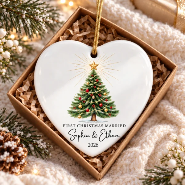 First Christmas Married Ornament, Personalized Couple Names & Year — alternate product mockup first christmas married ornament product image front view