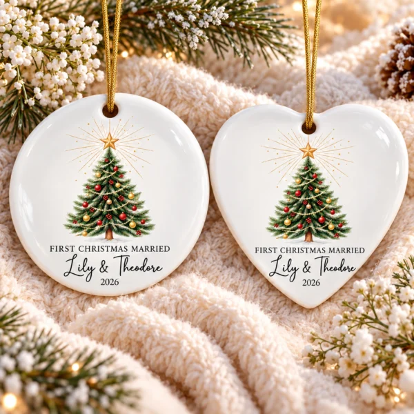 First Christmas Married Ornament, Personalized Couple Names & Year — alternate product mockup first christmas married ornament product image mockup view