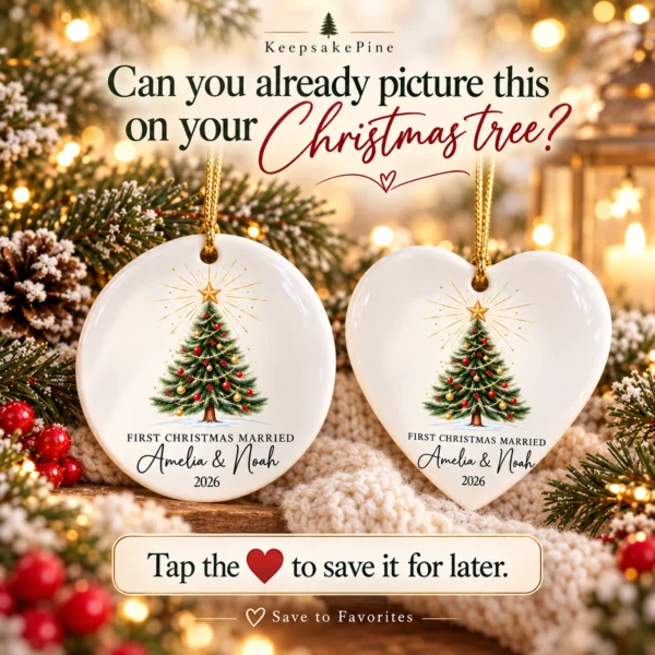 First Christmas Married Ornament, Personalized Couple Names & Year — alternate product mockup first christmas married ornament product image lifestyle scene