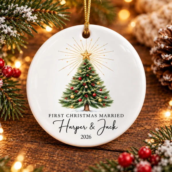 First Christmas Married Ornament, Personalized Couple Names & Year — alternate product mockup first christmas married ornament product image styled product photo