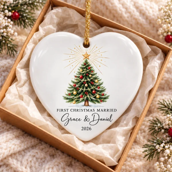 First Christmas Married Ornament, Personalized Couple Names & Year — alternate product mockup first christmas married ornament product image product detail