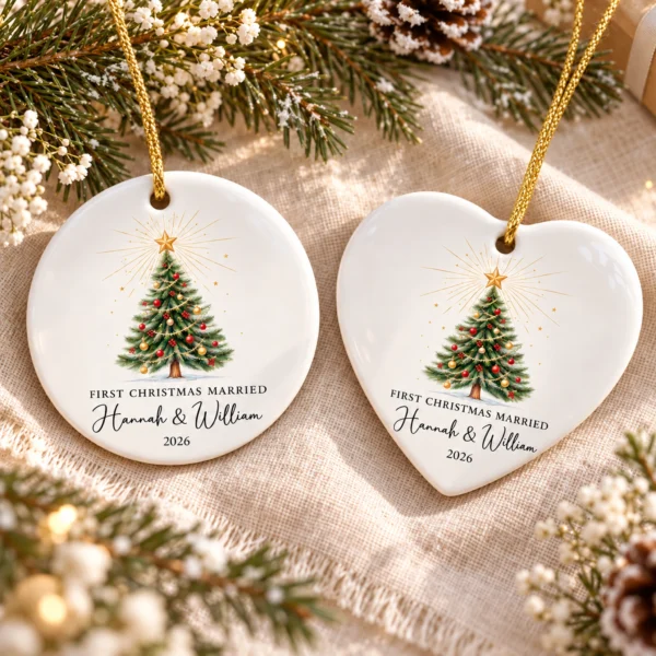 First Christmas Married Ornament, Personalized Couple Names & Year — alternate product mockup first christmas married ornament product image alternate angle