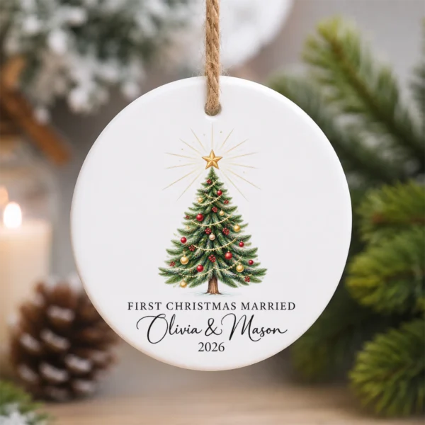 First Christmas Married Ornament, Personalized Couple Names & Year — alternate product mockup first christmas married ornament product image product photo