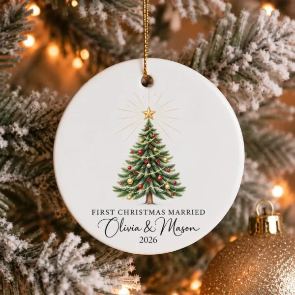 First Christmas Married Ornament, Personalized Couple Names & Year — alternate product mockup first christmas married ornament product image product photo