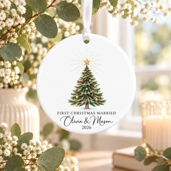 First Christmas Married Ornament, Personalized Couple Names & Year — alternate product mockup first christmas married ornament product image product photo