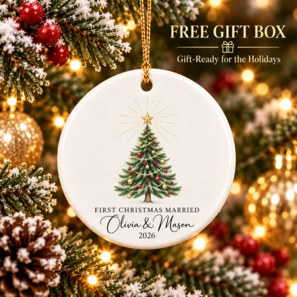 First Christmas Married Ornament, Personalized Couple Names & Year — alternate product mockup first christmas married ornament product image product photo