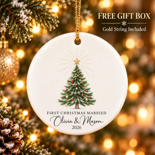 First Christmas Married Ornament, Personalized Couple Names & Year — alternate product mockup first christmas married ornament product image product photo