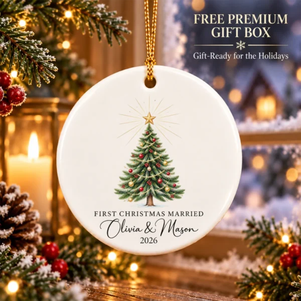 First Christmas Married Ornament, Personalized Couple Names & Year — alternate product mockup first christmas married ornament product image product photo