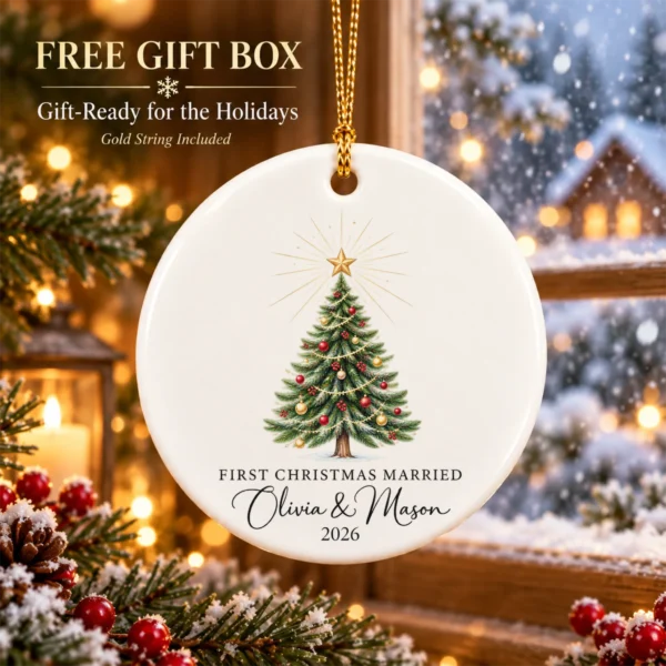 First Christmas Married Ornament, Personalized Couple Names & Year — alternate product mockup first christmas married ornament product image product photo