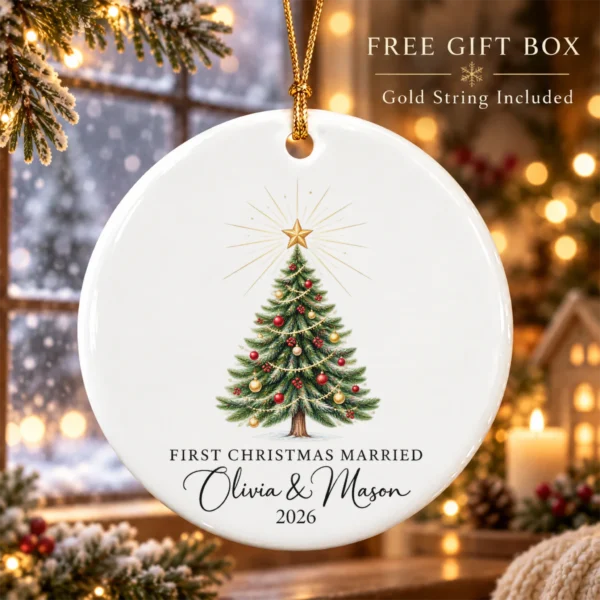 First Christmas Married Ornament, Personalized Couple Names & Year — alternate product mockup first christmas married ornament product image product photo