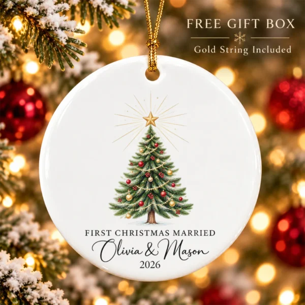First Christmas Married Ornament, Personalized Couple Names & Year — alternate product mockup first christmas married ornament product image product photo