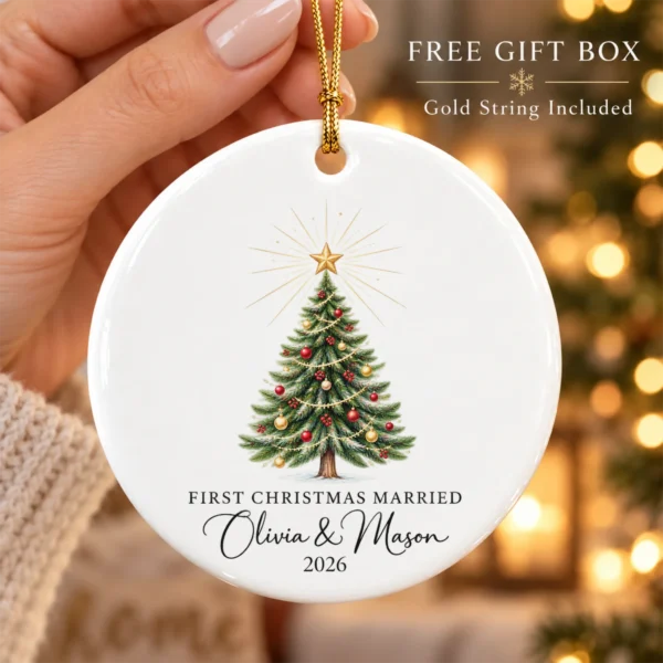 First Christmas Married Ornament, Personalized Couple Names & Year — alternate product mockup first christmas married ornament product image product photo