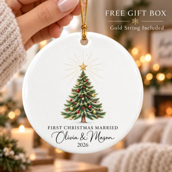 First Christmas Married Ornament, Personalized Couple Names & Year — alternate product mockup first christmas married ornament product image product photo