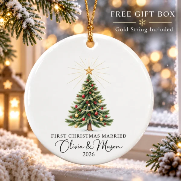 First Christmas Married Ornament, Personalized Couple Names & Year — alternate product mockup first christmas married ornament product image product photo