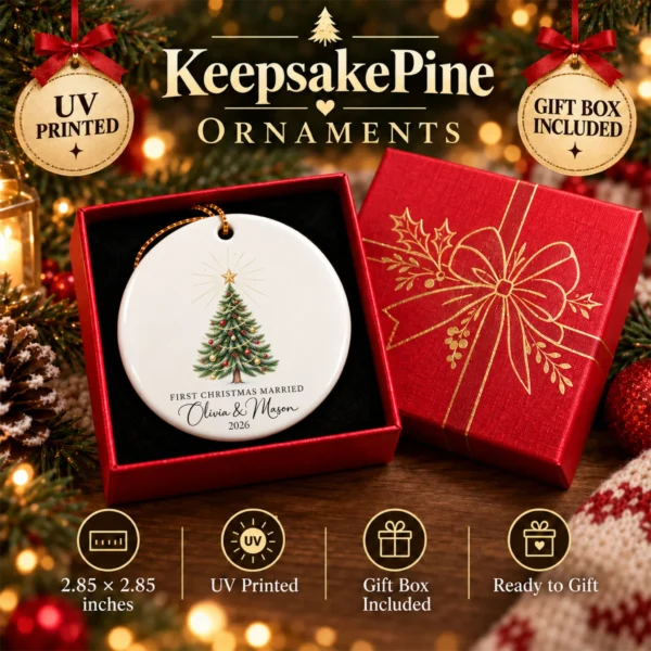 First Christmas Married Ornament, Personalized Couple Names & Year — alternate product mockup first christmas married ornament product image close-up detail