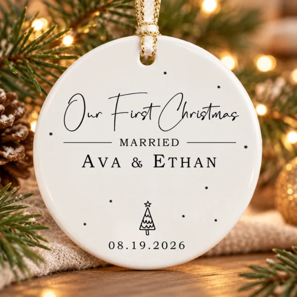 First Christmas Married Ornament with Personalized Names & Date — alternate product mockup first christmas married ornament with personalized names & date product image mockup view