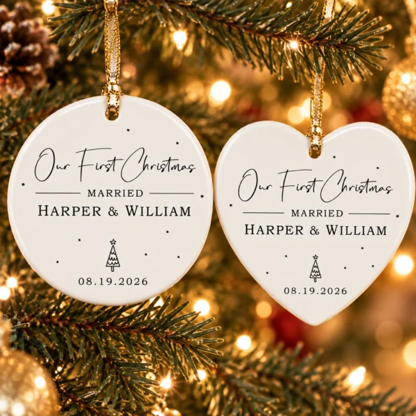 First Christmas Married Ornament with Personalized Names & Date — alternate product mockup first christmas married ornament with personalized names & date product image close-up detail